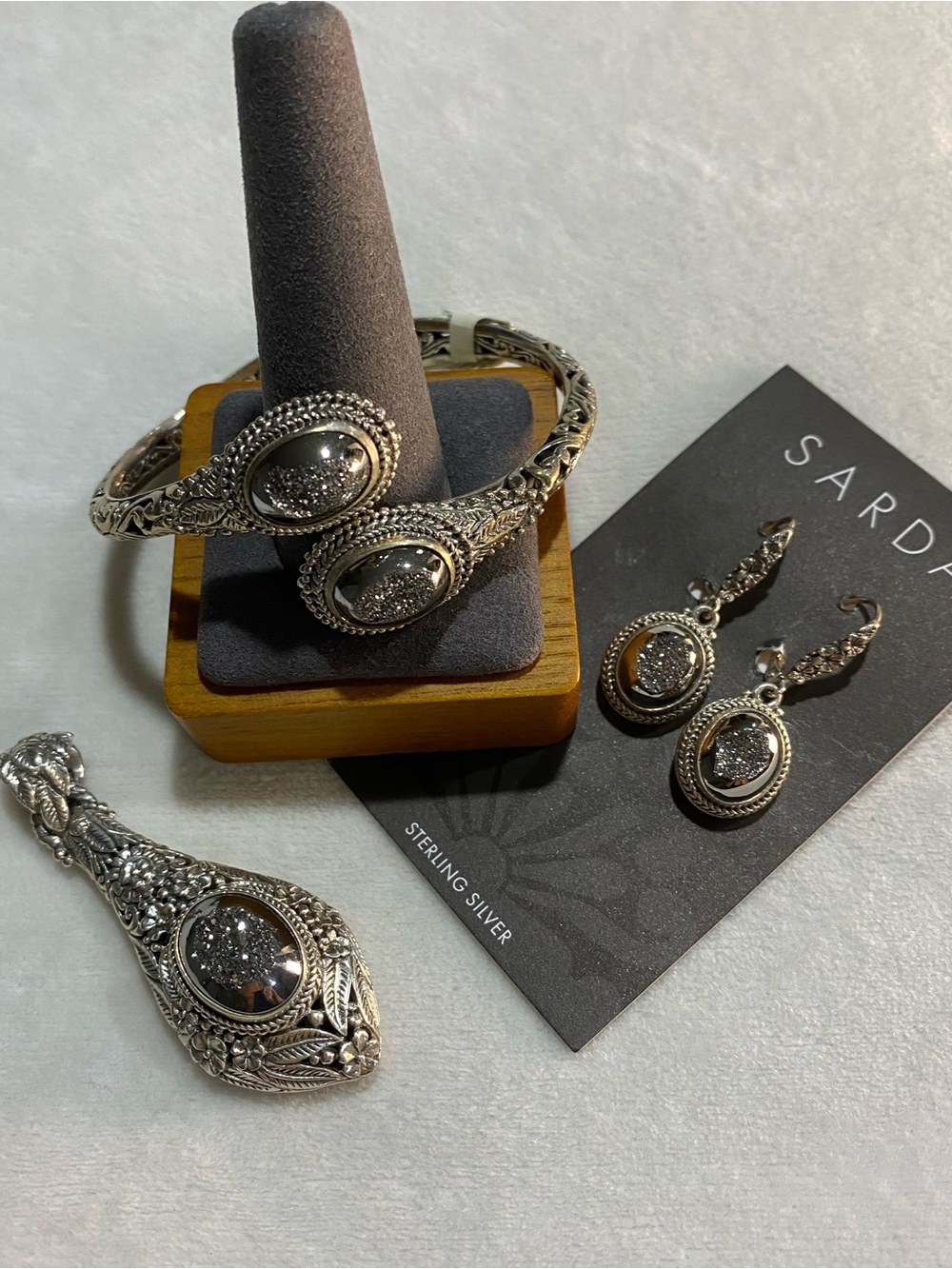 Sarda .925 Sterling Silver Platinum Druzy Bracelet Pendant and Earring Set